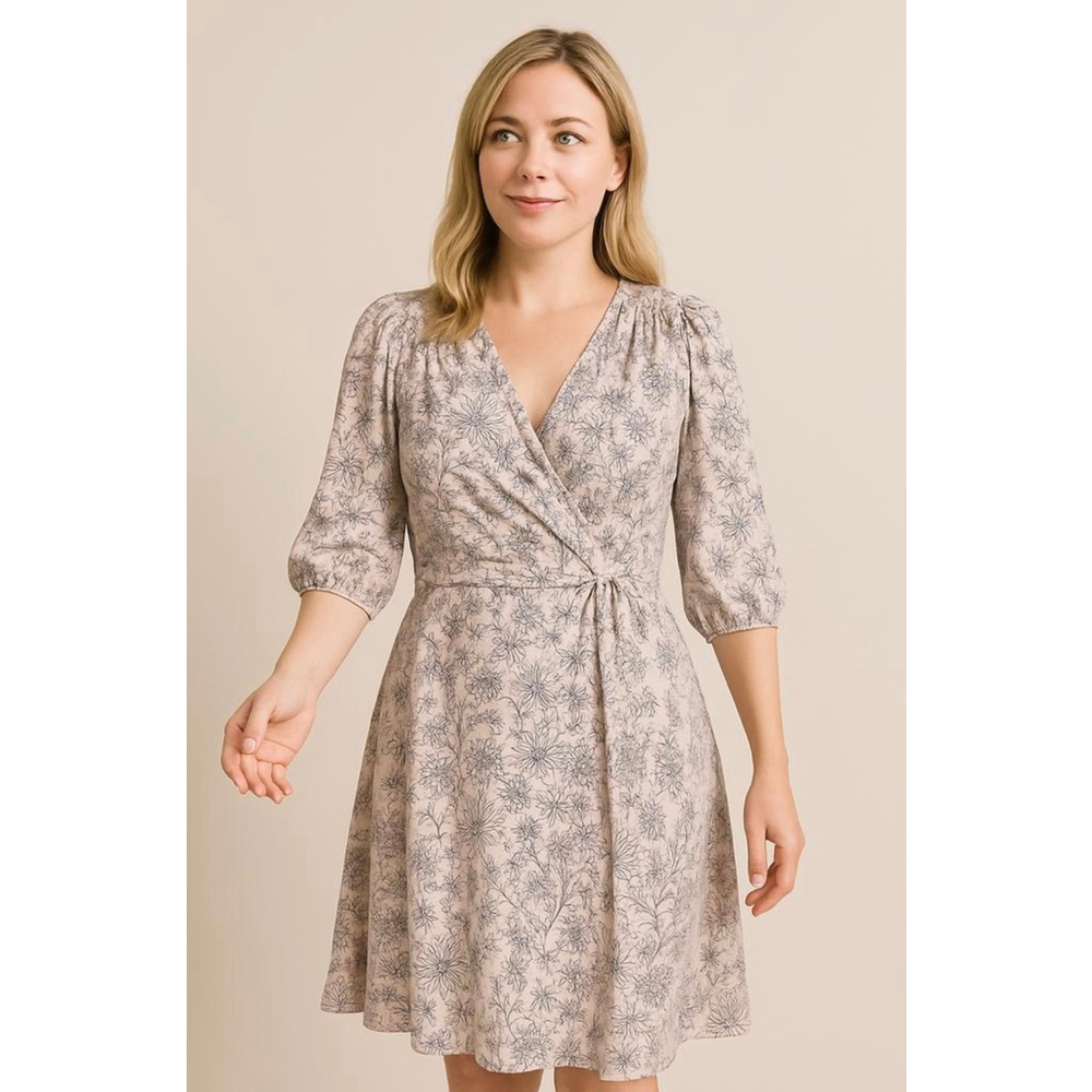 Calvin Klein Floral Wrap Dress Size 12 Pink Blue 3/4 Sleeves Peasant Cottagecore